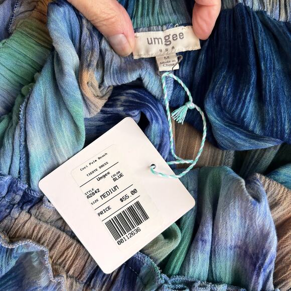 NEW Off Shoulder Tie Dye Dress Women Medium Tunic Blue Green Bell Sleeve Country - Picture 8 of 16